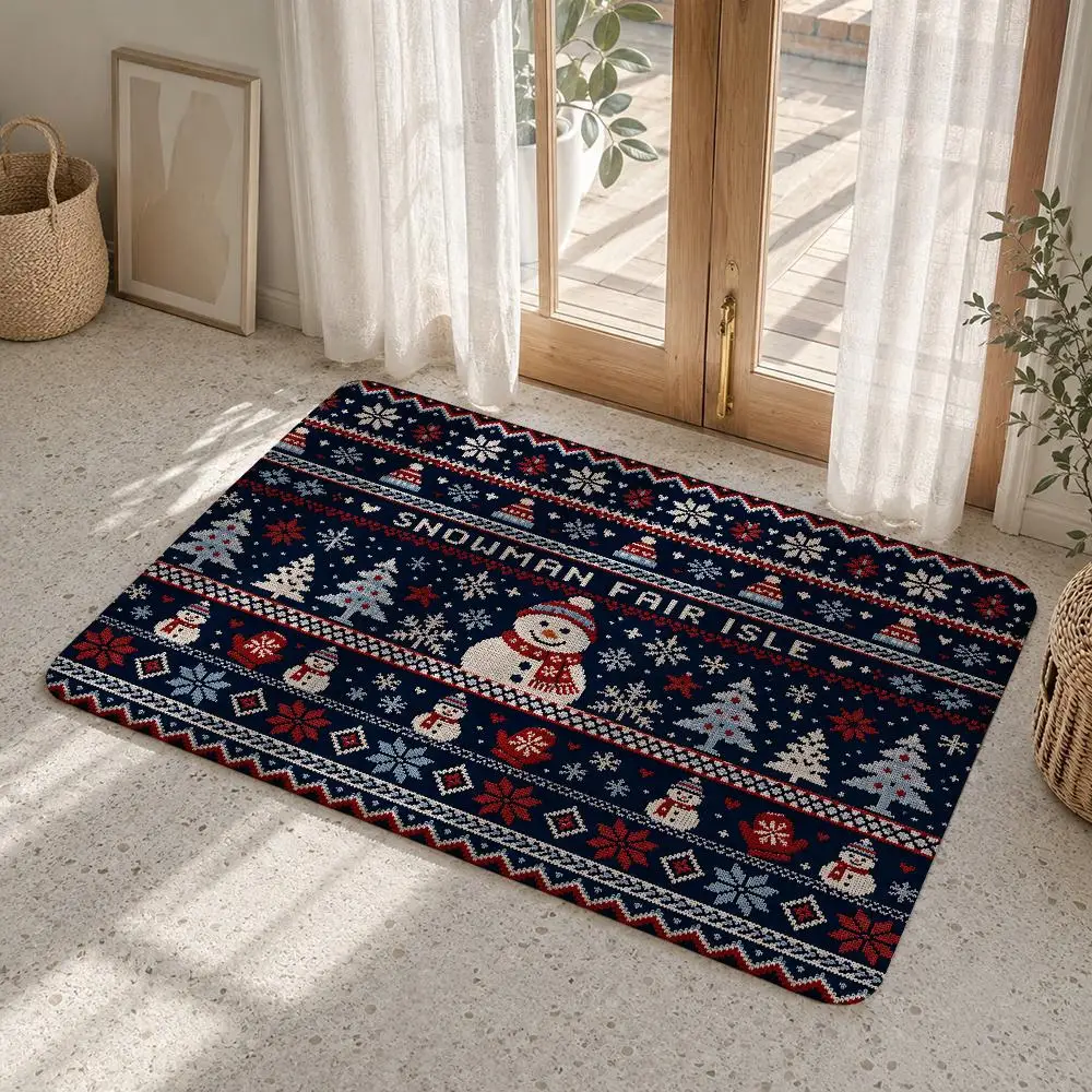 Reindeer And Fair Isle Christmas Knit Floor Mat Flannel Rug Non Slip Absorbent Soft Washable For Entryway Bathroom Kitchen Decor