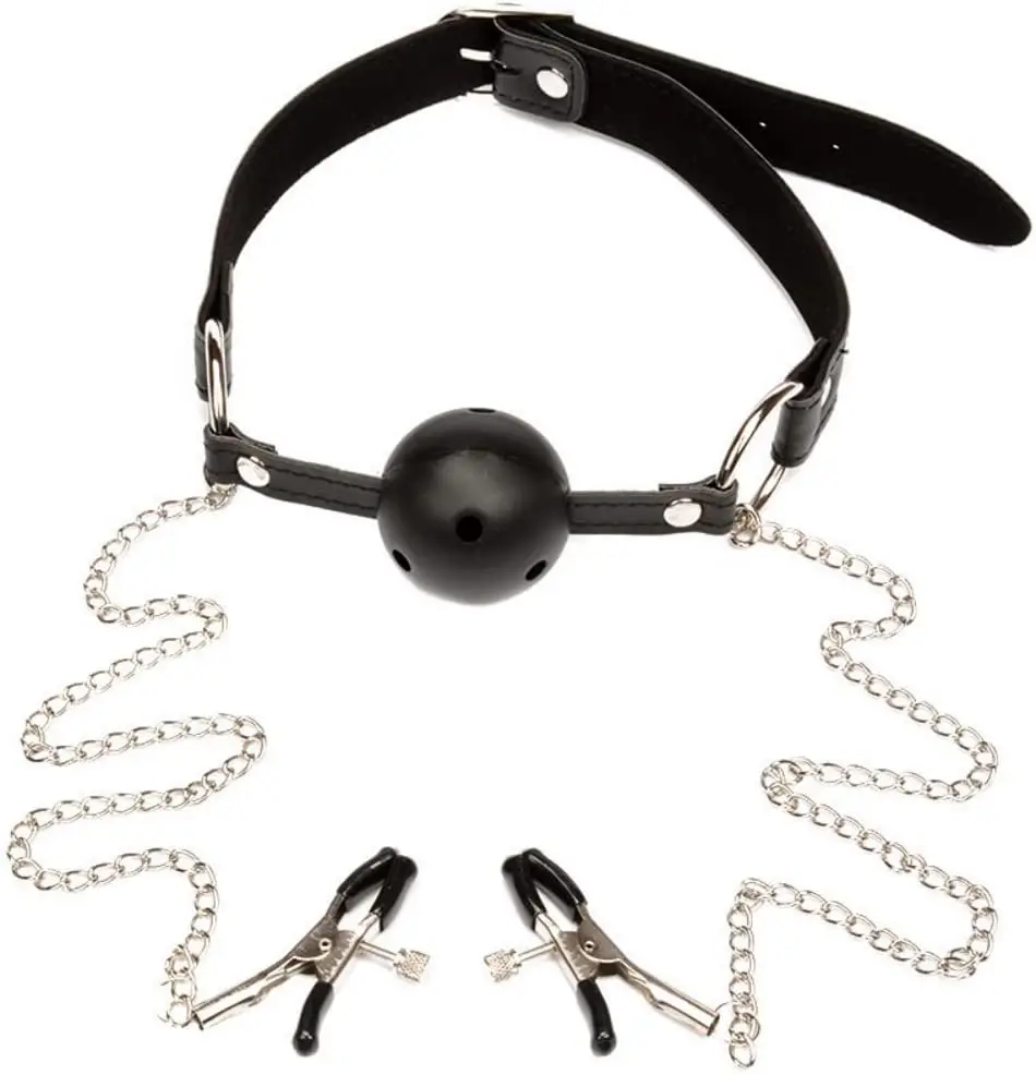 

Sexual Toys Mouthpiece Type Three-Hole Ball Gag with Nipple Clamps BDSM Silicone Oral Gag, Adjustable The Fetish