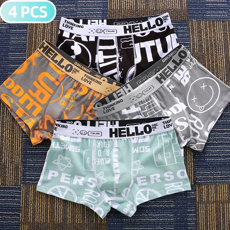 4PCS Men Underwear BoxerShorts Cotton Male Boxers Breathable Comfortable Mens Printed Underpants Sexy Cuecas Calzoncillos