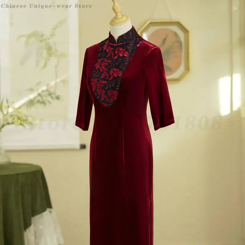 Autumn Winter Velvet Dress Elegant Temperament Evening Party Long Qipao Oriental Improved Cheongsam Chinese Traditional Clothes