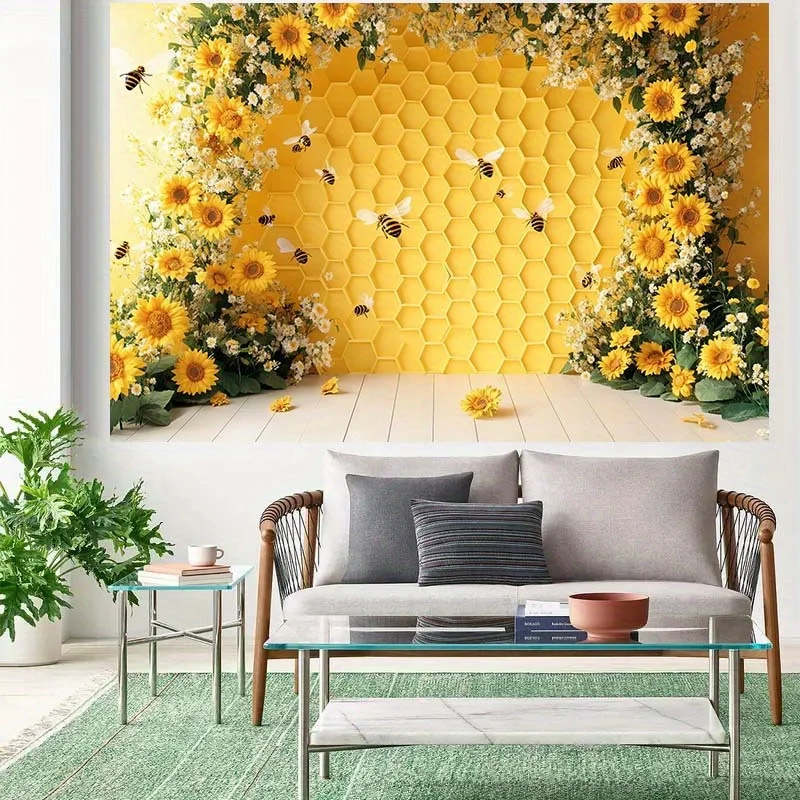 2D, 1 Stück Fotohintergrundtuch mit Sonnenblume und Bienenstock – der Bienenstock wird mit blühenden Sonnenblumen kombiniert – Detail 3
