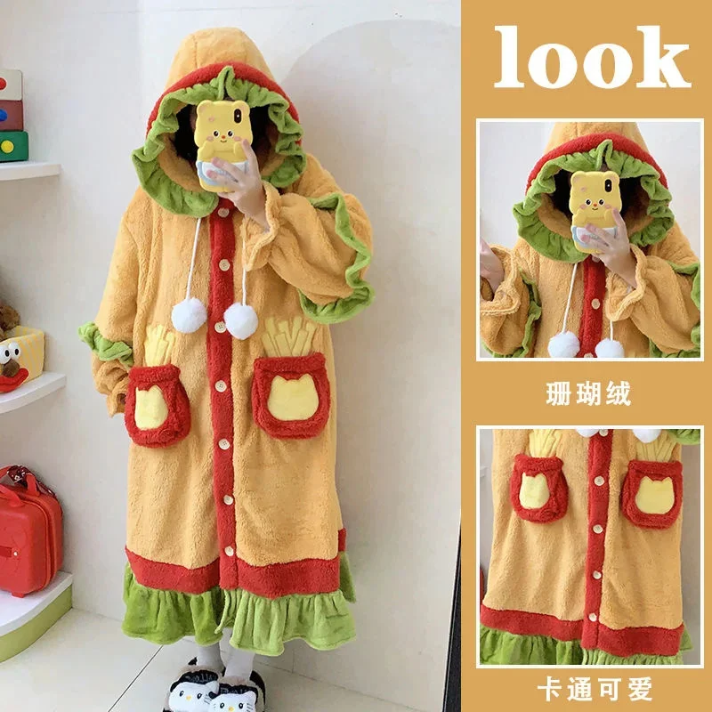 2025 New Kawaii Burger Coral Velvet Blanket Winter Home Windproof Warm Cartoon Potato Chips Comfortable Thickened Pajamas