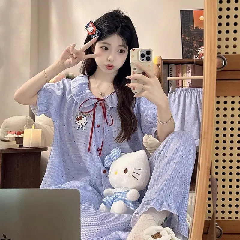 Hello Kitty Polka Point Princess Style Sanrio Summer New Women's Thin Loose Home Clothes 3-Piece Set Cloud Cotton Comfortable