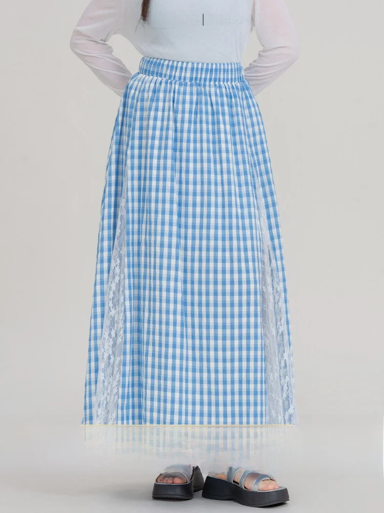 

Heynew, женская синяя клетчатая кружевная юбка трапециевидной формы больших размеров, летняя длинная юбка для похудения, хлопково-марлевая юбка с высокой талией