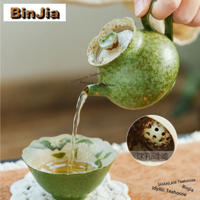 

Citrus Green Sprinkle Gold Hand Painted Daisy Travel Tea Set Kit Zen 1 Pot 3 Cups Tea Making Organizer Portable Picnic Handbag