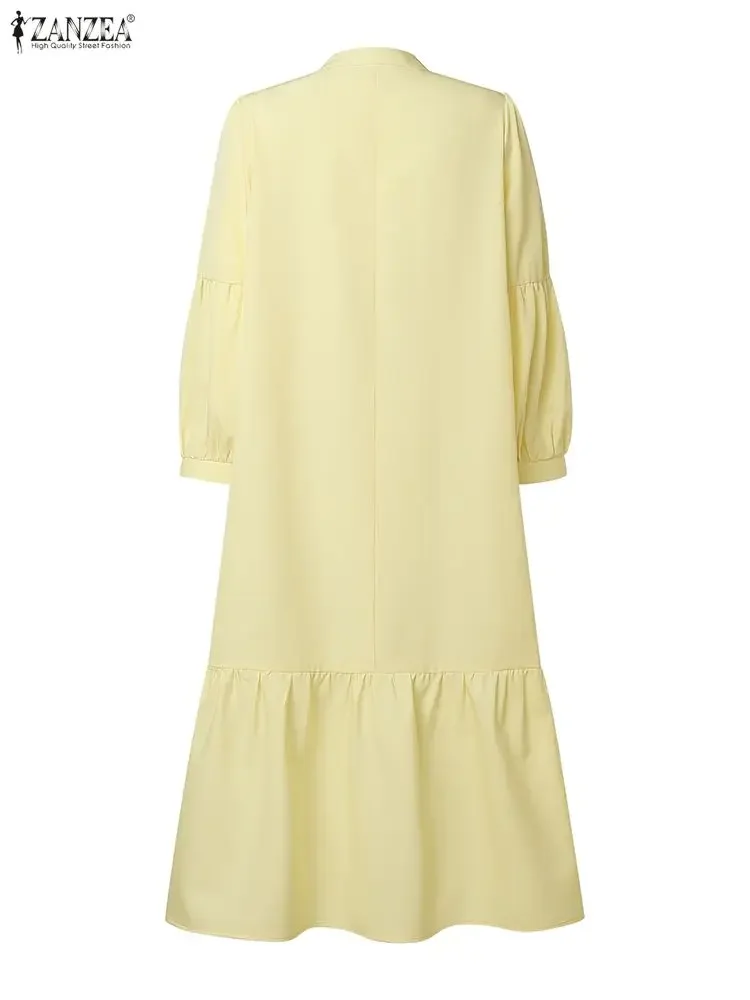 ZANZEA ファッションロングシャツドレス女性エレガントなオフィスストリートウェアミディサンドレス秋フリルパフスリーブ包帯パーティーローブ