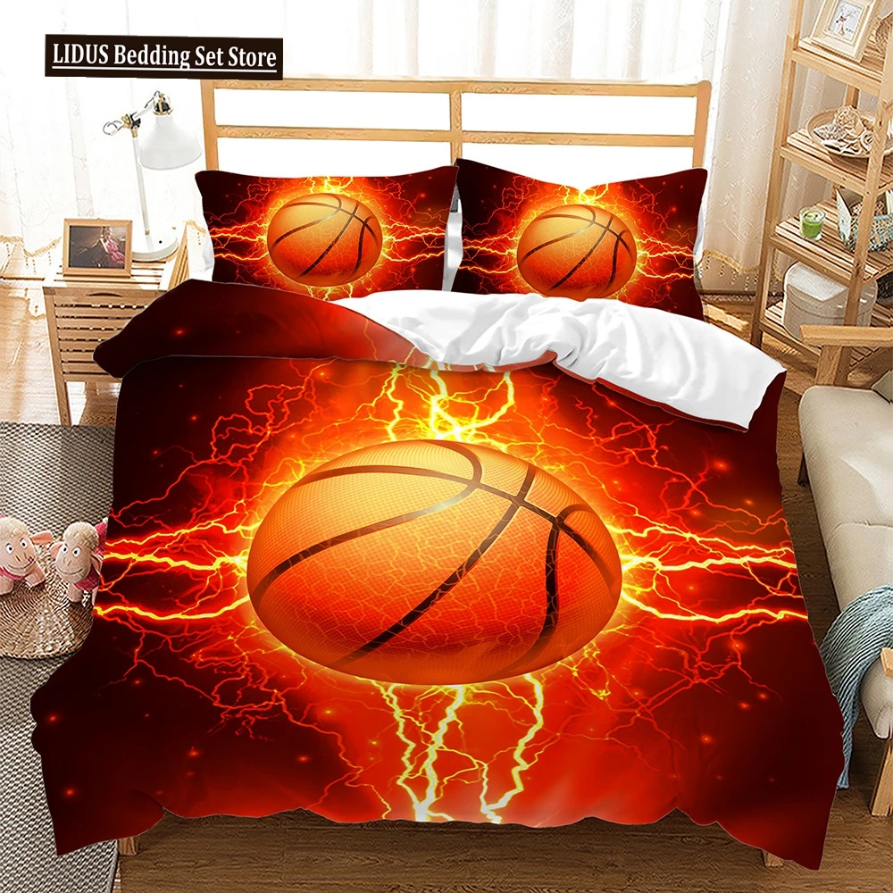 

Basketball Duvet Cover Set Cool Orange Lightning Background Bedding Set King Queen Size For Boys Teens Polyester Comforter Cover