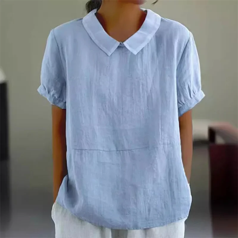 Blusa de lino y algodón para mujer, camisa de manga corta con solapa, de Color liso, cómoda e informal, estilo Simple, 2024