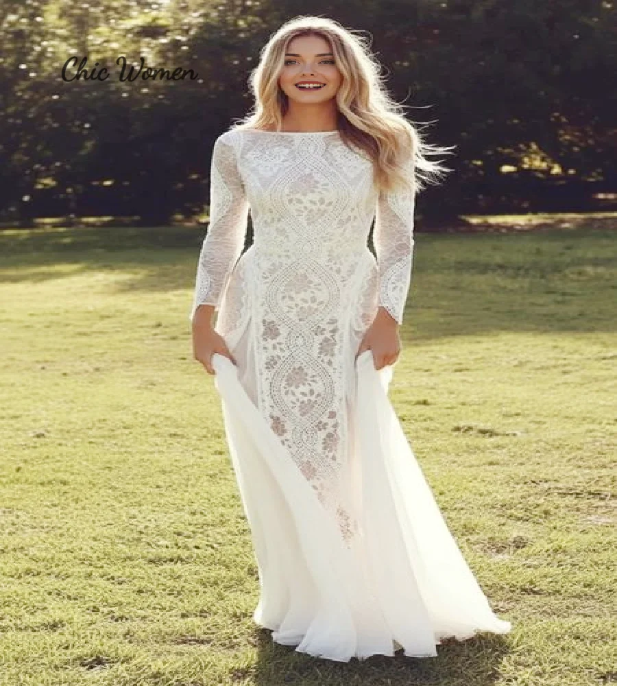 Enchanted Forest Bohemian Wedding Dress 2026 Long Sleeve Celtic Destination Beach Bridal Dress Crochet Lace Garden Bride Dress