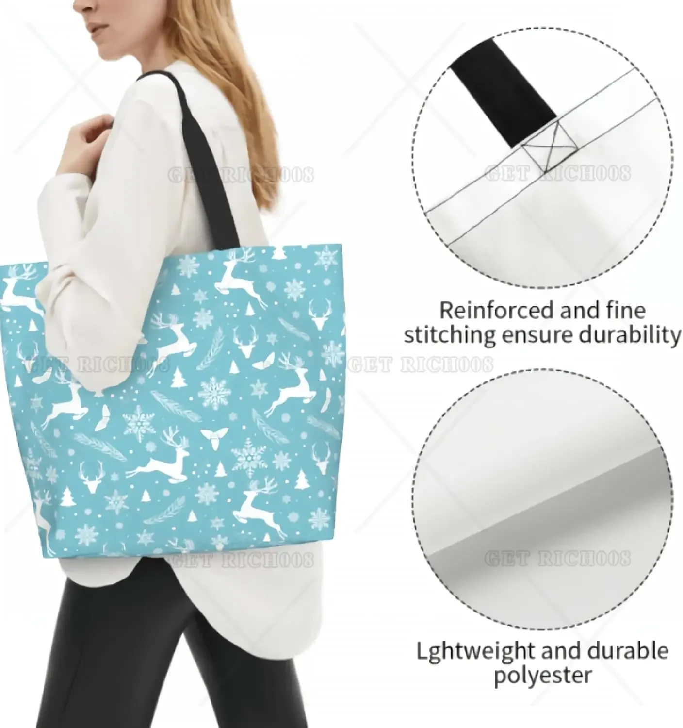 Winter Deer Blue Shoulder Bag Large Reusable Eco Shopping Bags Portable Storage Handbag Supermarket Bag Tote Bags for Women