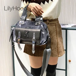 Women Medium Size Vegan Leather Work Short Handle Handbag 2024 Rivet Iridescent Paillette Shiny Kaishilan Arm Side Shoulder Bag