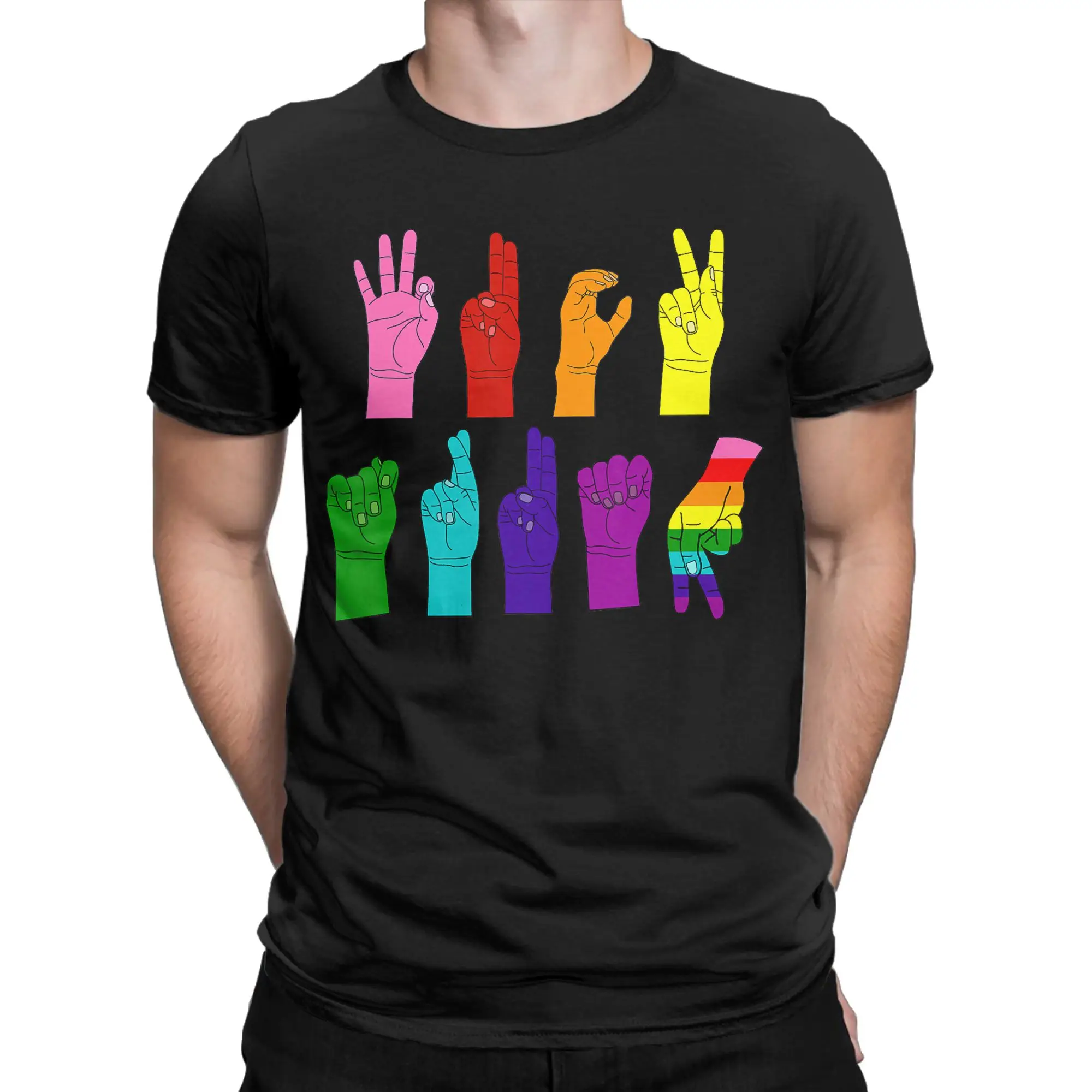 Anti Trump Hand Sign  Language  Rainbow ASL  Graphic 100% Cotton T-Shirt LGBT Pride Tops Tees For Men