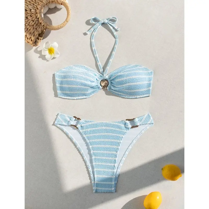Women Light Blue Striped Bandeau Bikini Set with O-Ring Detail Tie Side High Leg Swimsuit Chic Summer Beach Swimwear Vacation
