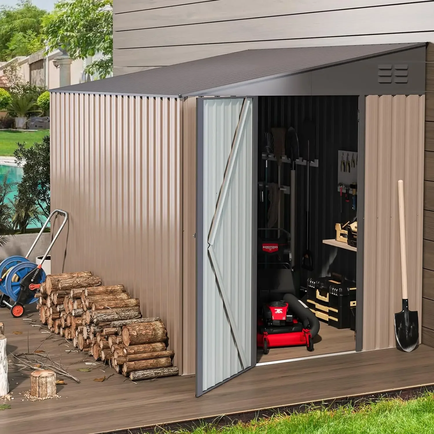 Storage Shed Lean, Outdoor Metal Wall Side Bike Shed & Outdoor Storage, Garden Storage Cabinet for Backyard, Patio & Outdoor