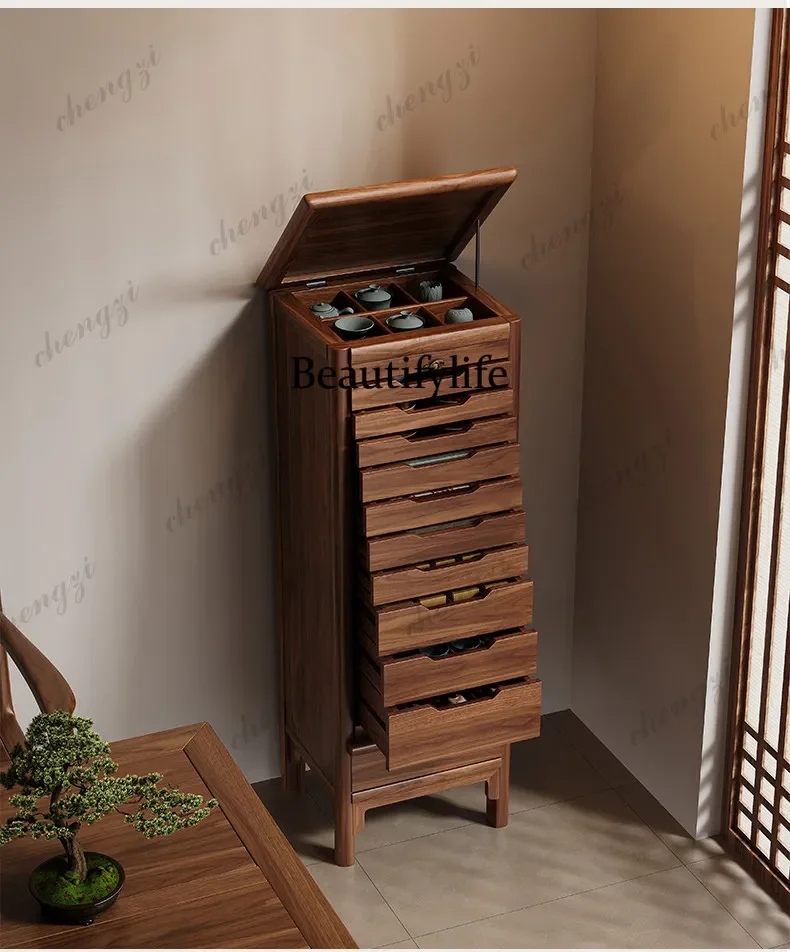 Song's Aesthetics Black Walnut Solid Wood, Flat Replacement New Chinese Rotating Wenwan Storage Tea Set Storage Cabinet b567
