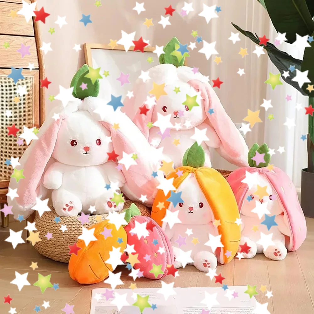

Bunny Plush Doll Toy Pillow, Reversible Carrot Strawberry Bunny Stuffed Animal with Zipper, Cute Rabbit Decoration for KidsChris
