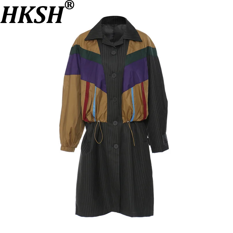 

HKSH Autumn New Women Windbreaker Overside Personality Sports Style Patchwork Contrast Color Streetwear Long Trench Coat HK10655
