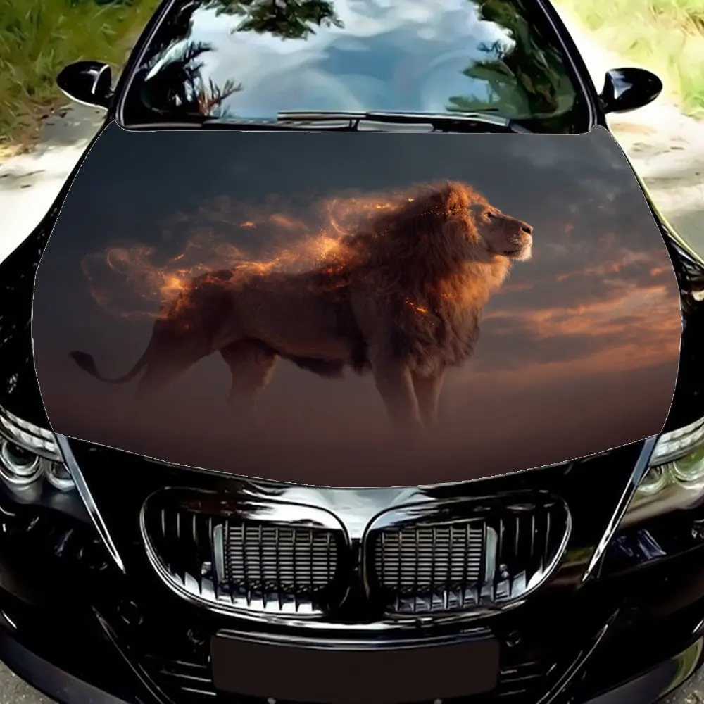 

Lion with a Fiery Mane Car Hood Decal Sticker - Durable Vinyl Wrap, Splash-Resistant & Easy Removal, Fit For All Cars - Automoti