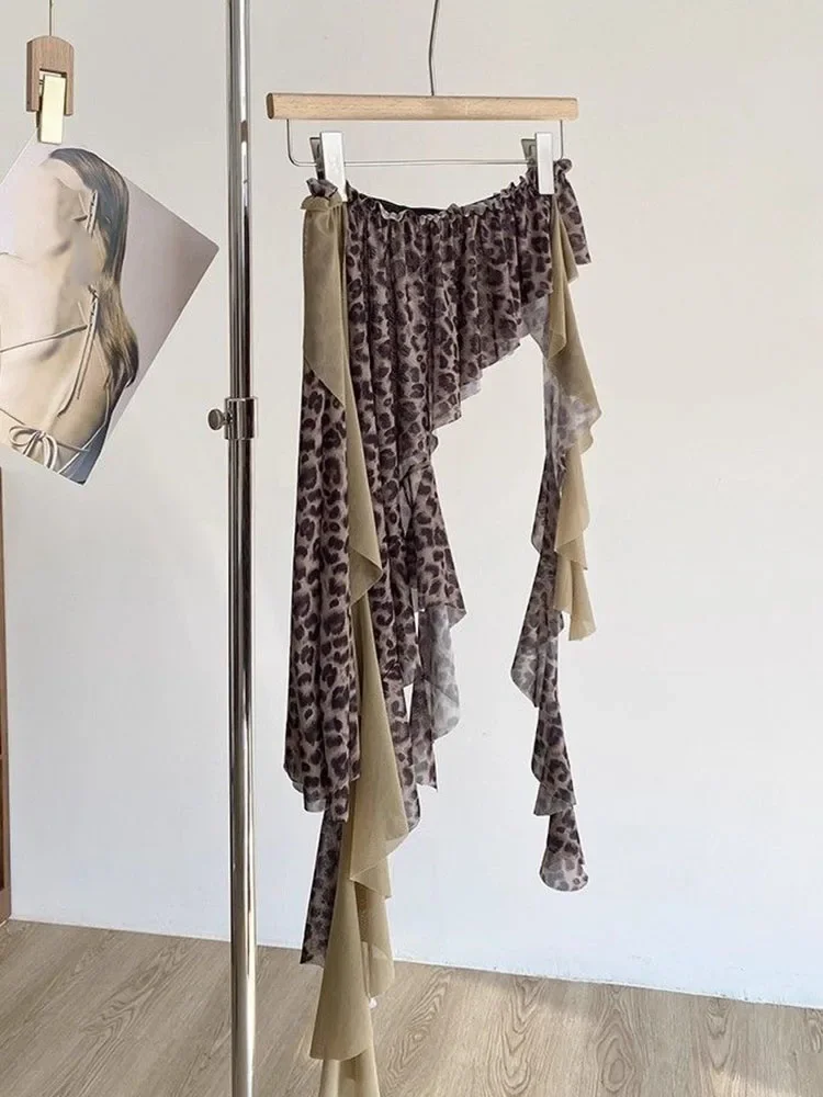 

Irregular Short High Waist 2025 New Skirt Streetwear American Lace Patchwork Faldas Leopard Fart Curtain Moda Slim Falda