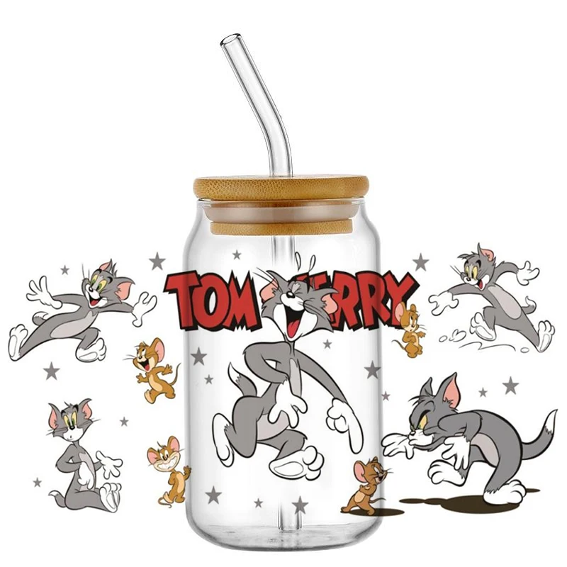 Miniso Disney Tom And Jerry 3D UV DTF Transfer Stickers For 16OZ Glass Libbey Can Waterproof Mug Cup Wrap UV DTF Decals