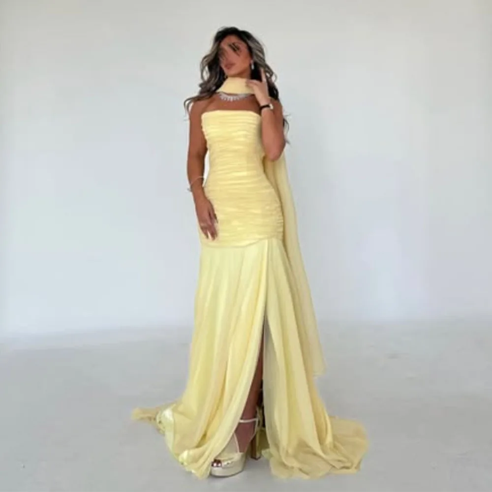 

High Quality Customized Floor Length Strapless Pleat High Fork Sleeveless Sweep Train Robe Pour Mariage Invité Vestidos De Gala