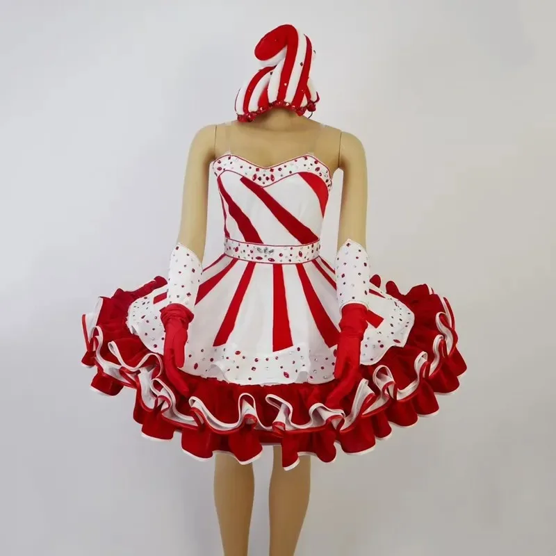 Sweet Cake Themed Women Stage Dress, Rhinestone Embellished Striped Puffy Skirt with Matching Hat for Carnival Performance
