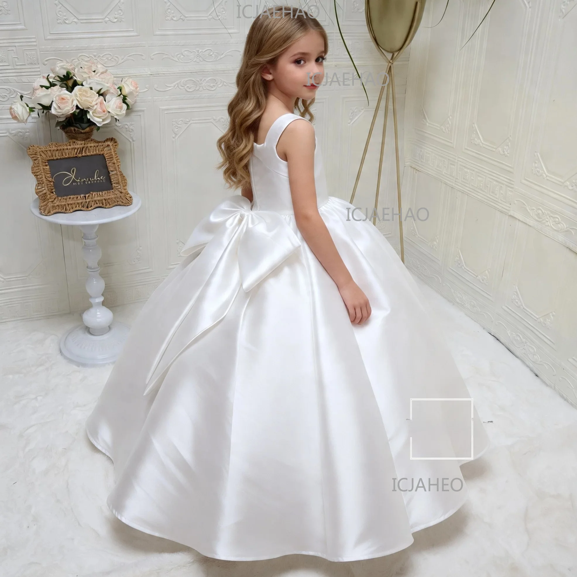 Girls Spaghetti Strap Dress, Waist-Cinched Maxi Formal Dress Birthday Dress Children Long Gown, Elegant Photo Shoot White New