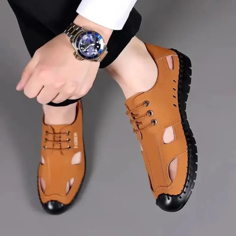 Hiking Outdoor Trekking Hole Shoes Closed Toe Man Sandals Men Ankle Wrap Flat Genuine Leather Japanese Number 41 Barefoot 39 V