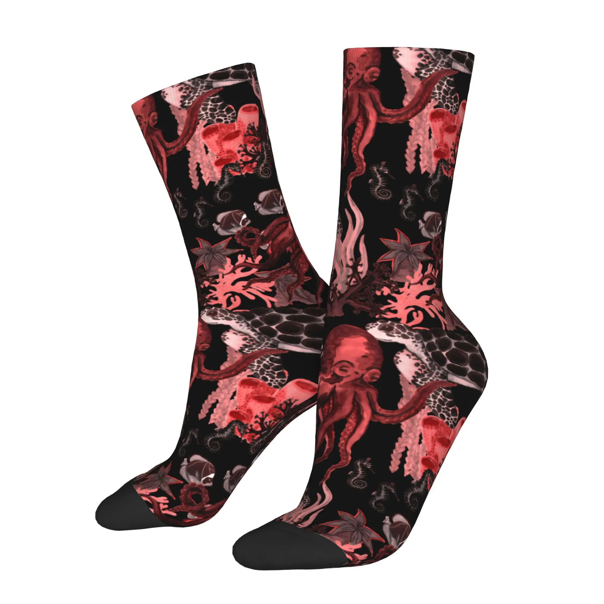 1pc Turtle Fish Seahorses and Octopus in Coral Reef Printed Men's Socks  Novelty Hip Hop Harajuku Pattern Crew Sock Casual Gift