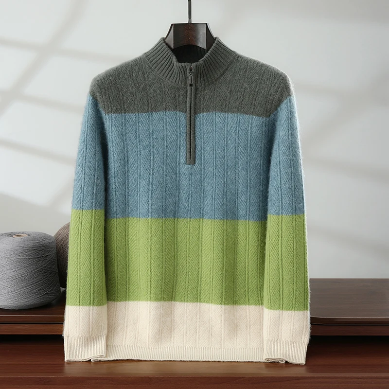 Old Frontale Men's 100% Cashmere Pullover Half Zipper Color Block Knitted High Collar Top Warm Casual Autumn/Winter Wear Clothes