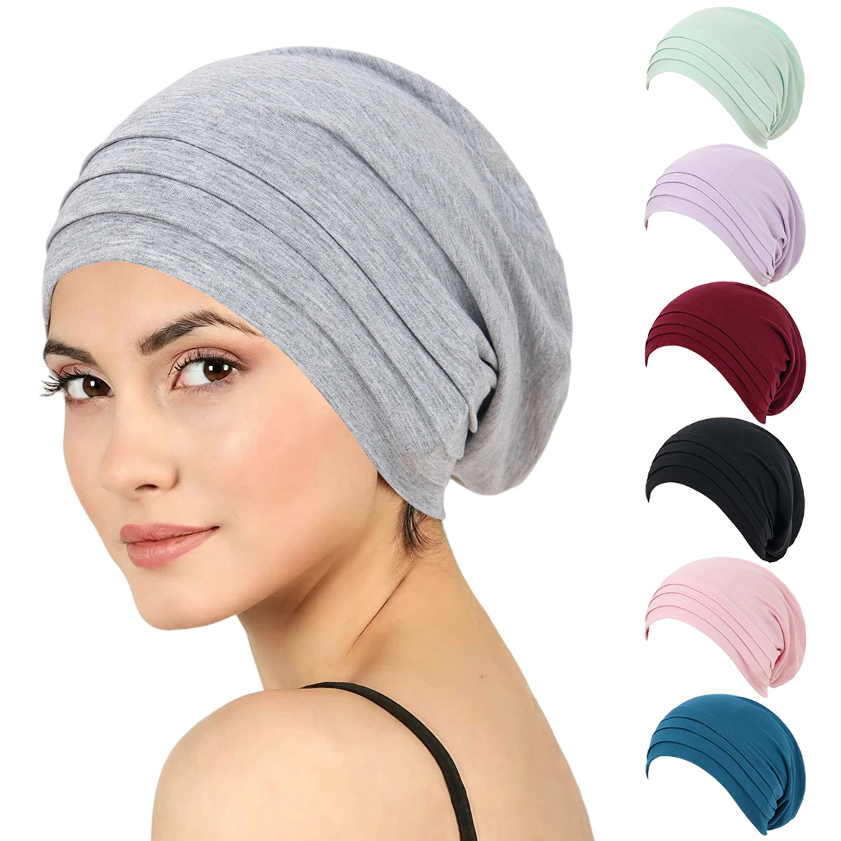 2026 New Fashion Women Hijabs Soft Stretch Beanie Chemo Hair Turban Hat Solid Color Crinkled Hijab Inner Hijab Caps