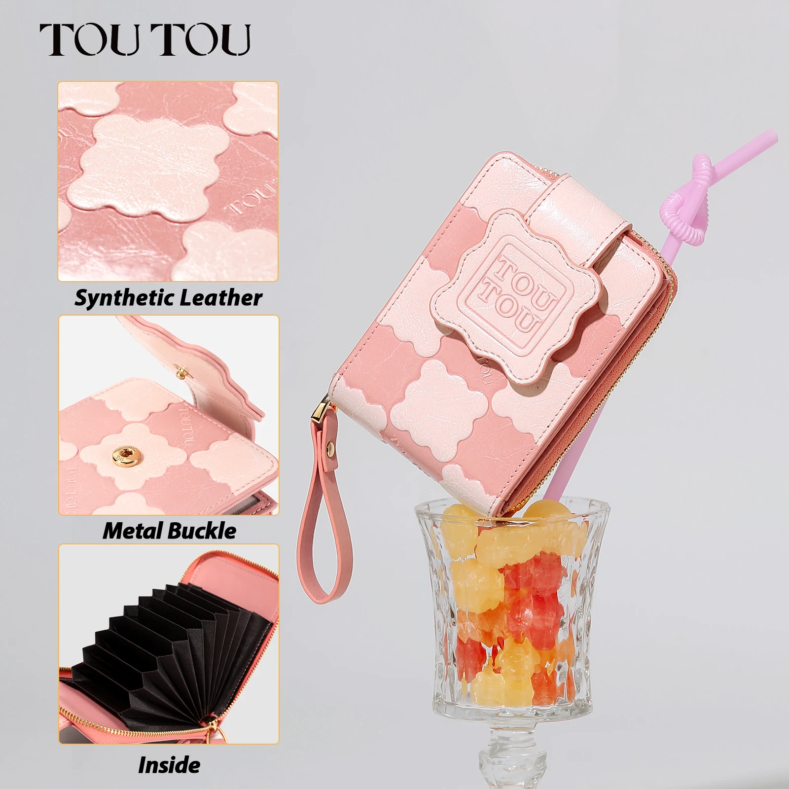 TOUTOU Women Purse Clutch Cute Cat Pattern Card Holder Passport Credit Card Leather Portable Zipper Multi-color Wallet Female