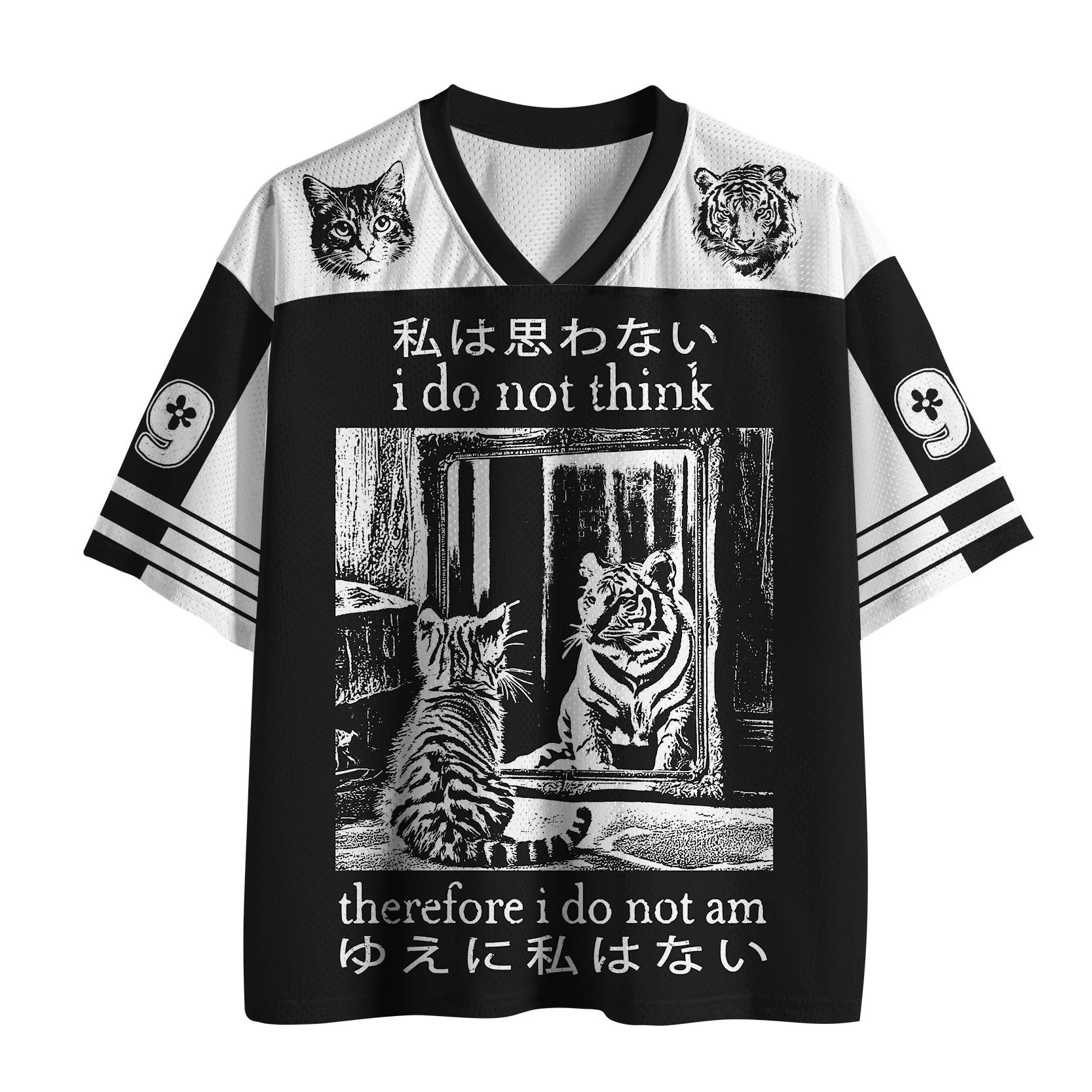 Black and White Color Block Cat Mirror Tiger Reflective Print Japanese Philosophy Text V-neck Adult and Children's Style