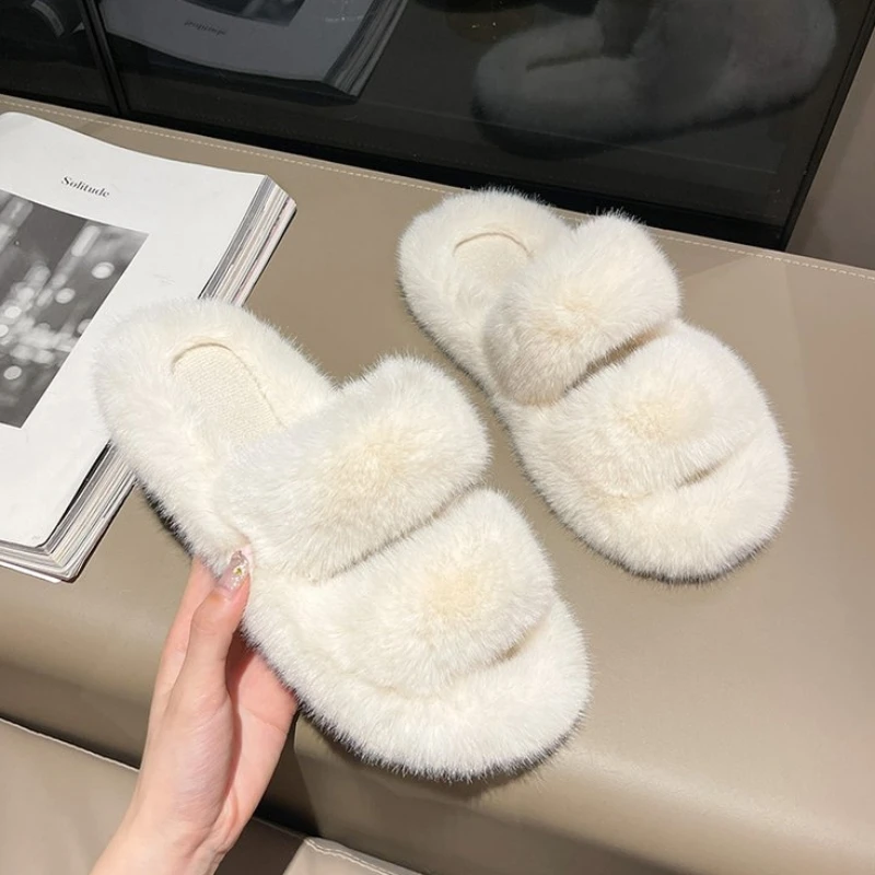 Women Fur Warm Winter Furry Fur Shoes Fluffy Plush Slippers Home House Indoor Shoes Bedroom Slippers Female Ladies Round Toe