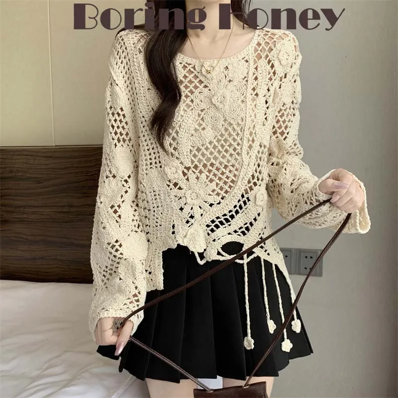 

Boring Honey Весенняя богемная футболка с полой кисточкой, вязаный свободный топ с длинными рукавами в праздничном стиле, женский топ нестандартного дизайна