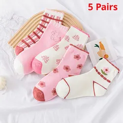 5 Pairs Pink Flower Knit Warm Childrens Socks For Girls Socks Kids Womens Cute Cartoon Medium Stockings