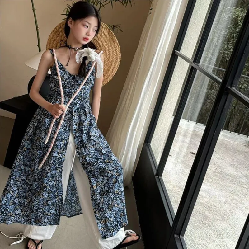 

2024 Summer Children Girl Split Dress Teenager Girl Floral Split Layered Beach One-piece Dress Junior Girl Retro Casual Dress