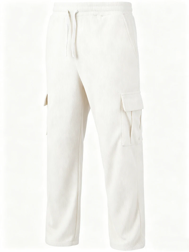 Herren Cord-Cargohose mit Elastischem Bund und Kordelzug, Lässige Hose mit Seitentaschen, Gerades Bein für Frühling und Herbst – Detail 37