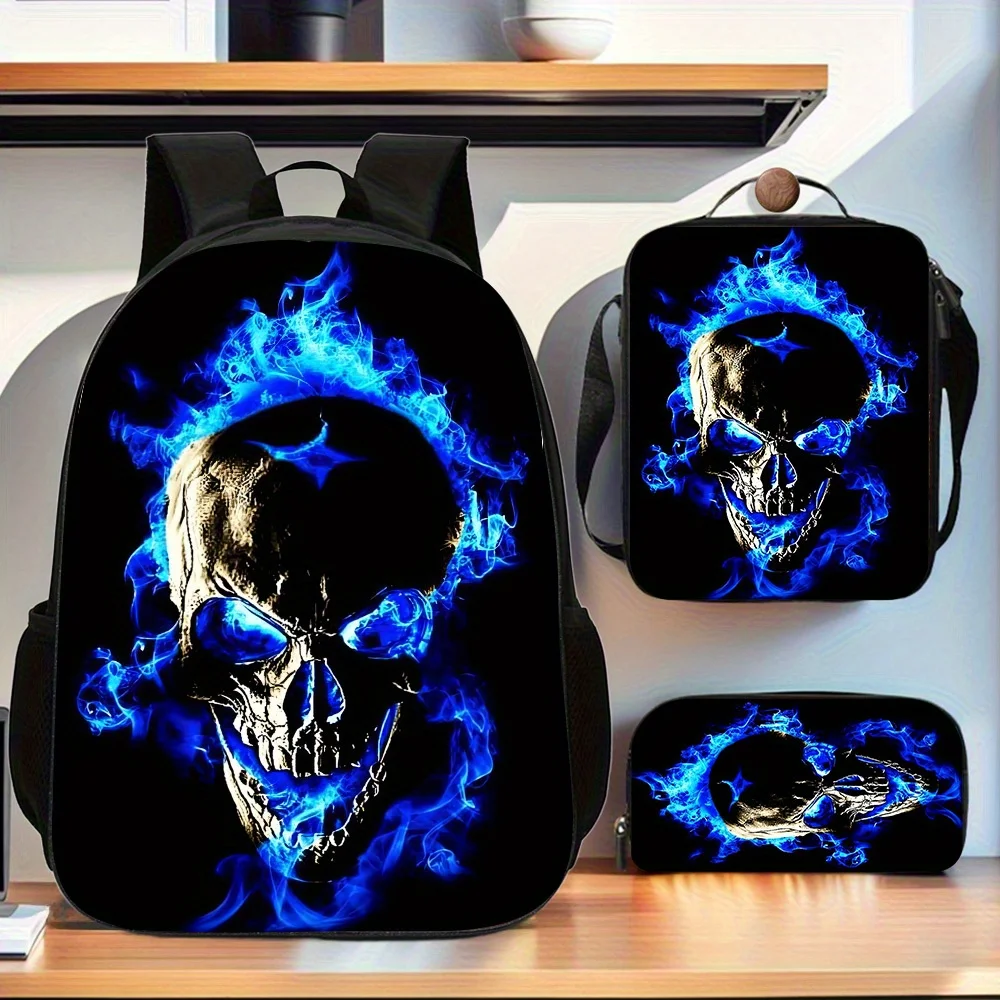 

3pcs Gothic Blue Skull Backpack Set with Laptop Compartment & Matching Messenger Bag - Large Capacity School Backpack with Penci
