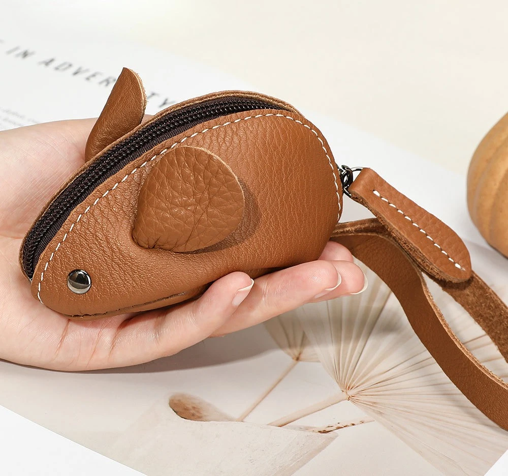 Cute Mouse Shape Coin Purse Top Grain Cowhide Zippered Pouch Minimalist Small Card Holder Key Case for Men Women