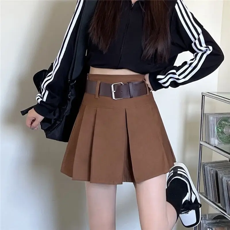 

Retro campus style pleated skirt spring women's clothing high waist versatile umbrella skirt thin tooling skirt with belt 3173