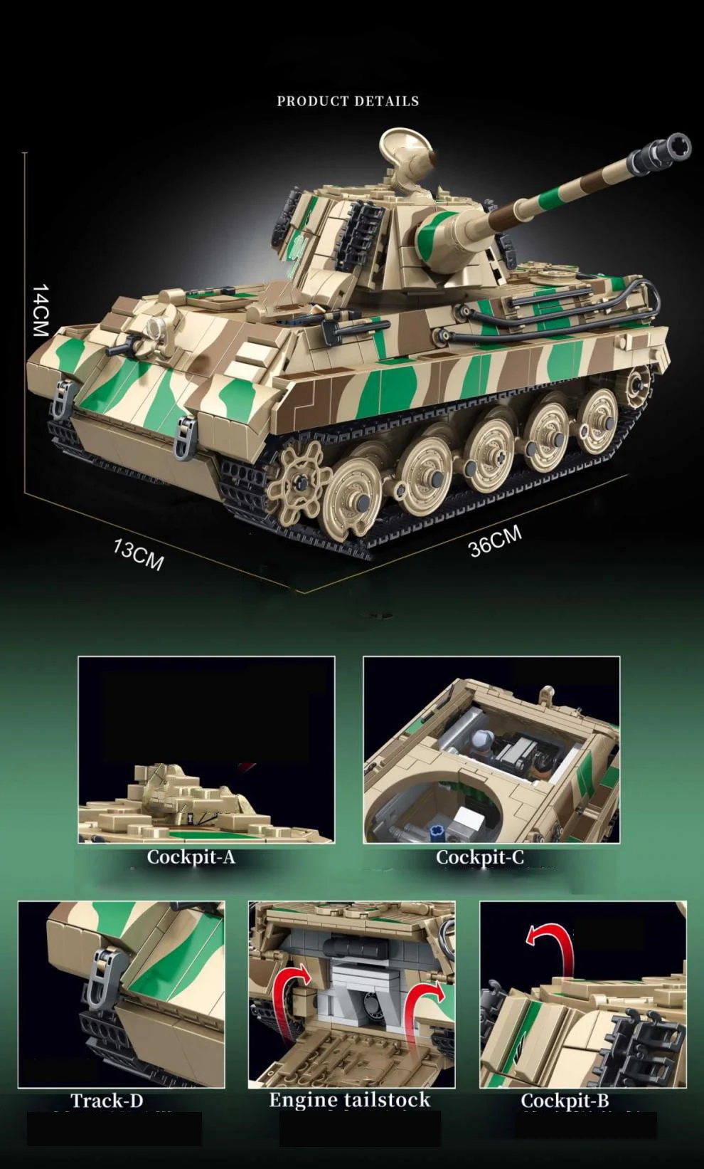 Technisches Deutsches Militärfahrzeug aus dem Zweiten Weltkrieg, Königstiger Schwerer Panzer, Bausteine, Armeespielzeug, Konstruktionsspielzeug, Sammlerstück – Detail 2