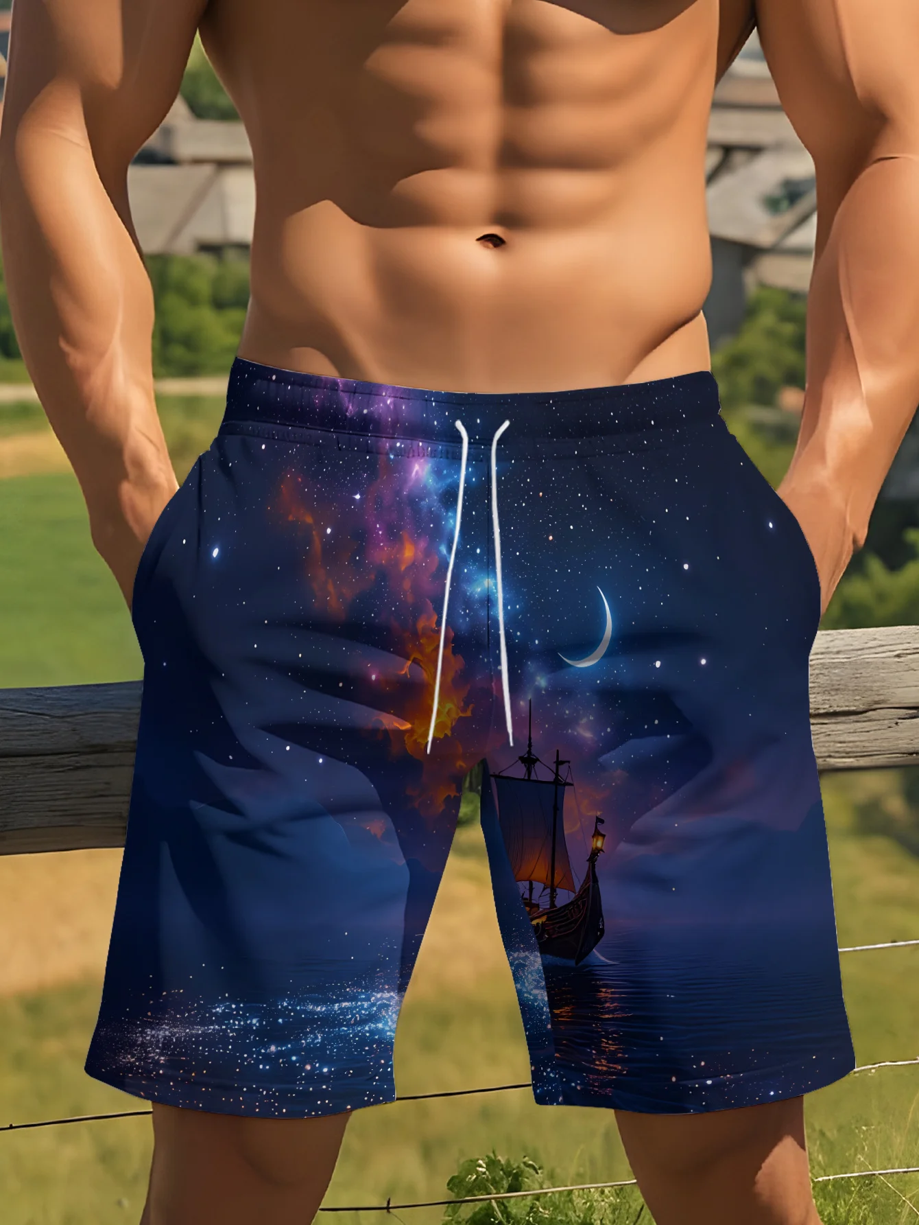 

2026 Mens Cute Baseball Mascot Print Quick Dry Drawstring Waist Beach Shorts Swim Trunks