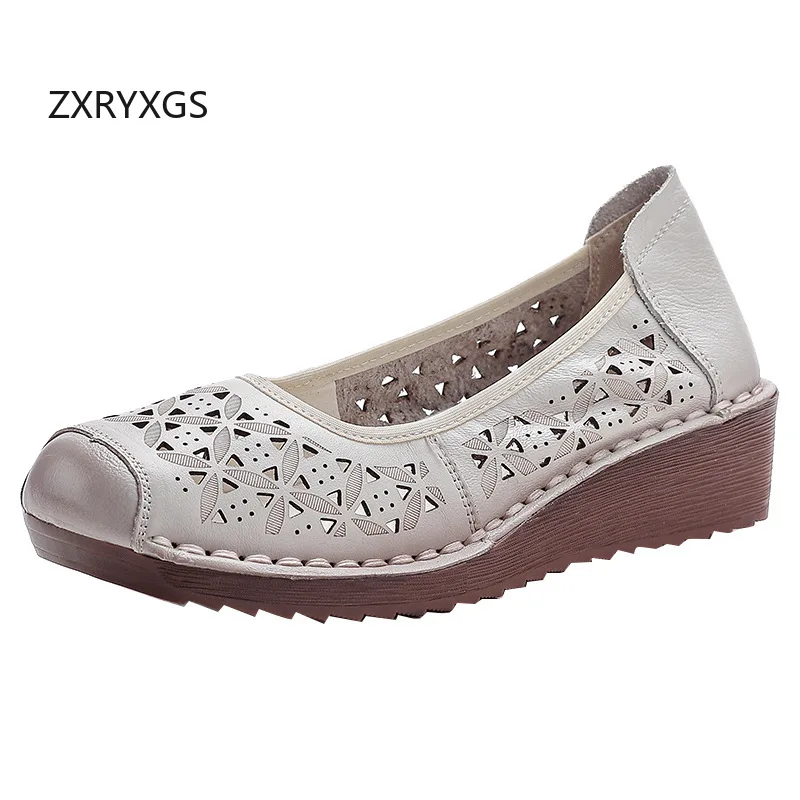 

ZXRYXGS 2025 Classic Retro Soft Cowhide Leather Shoes Hollow Breathable Sandals Flat Soft Sole Wedges Women Fashion Casual Shoes