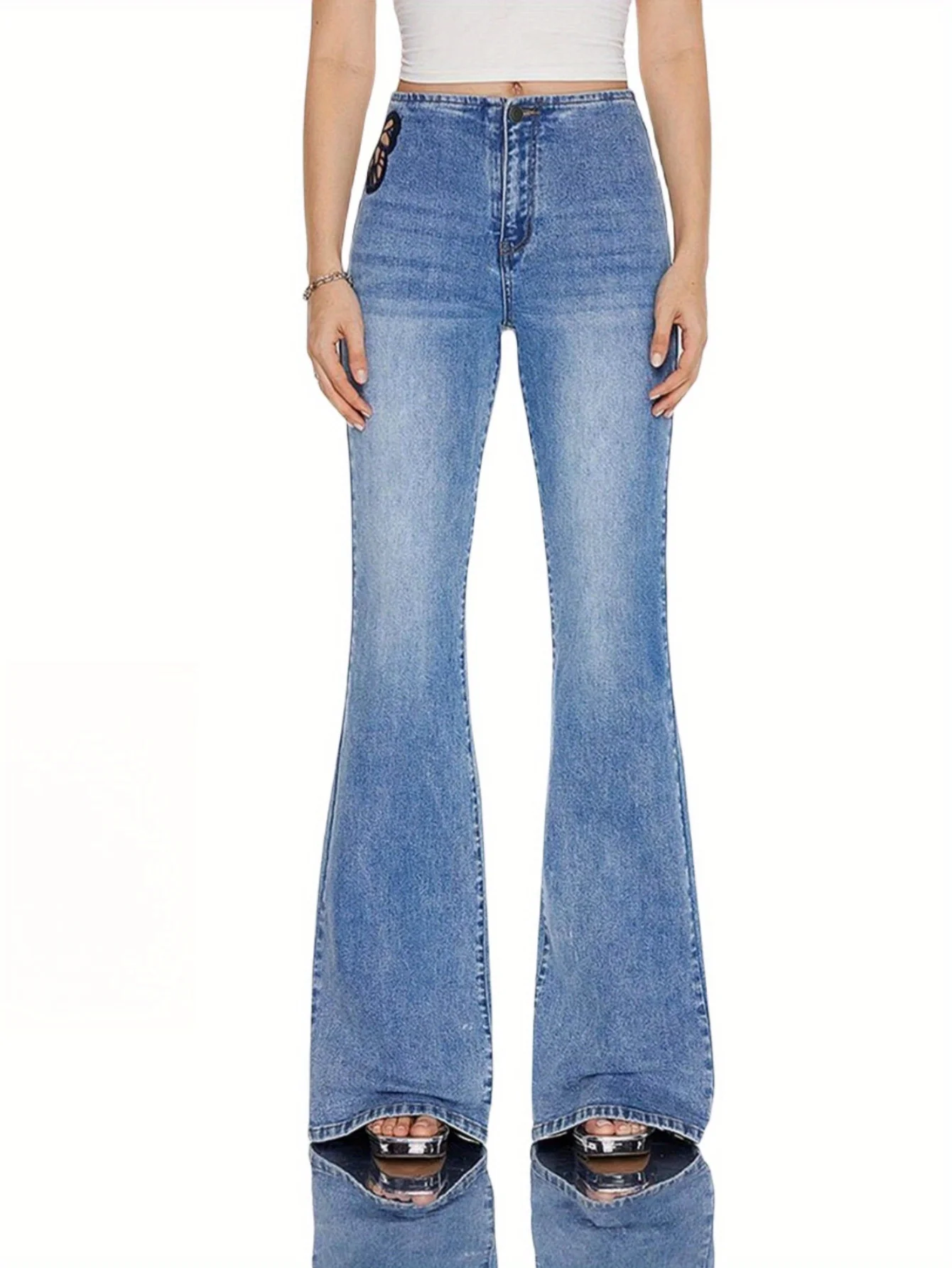 

Women High Rise Stretch Flared Jeans with Butterfly Embroidery Comfortable Stretchy Denim Pant Pocket Street Wear Female Clothes