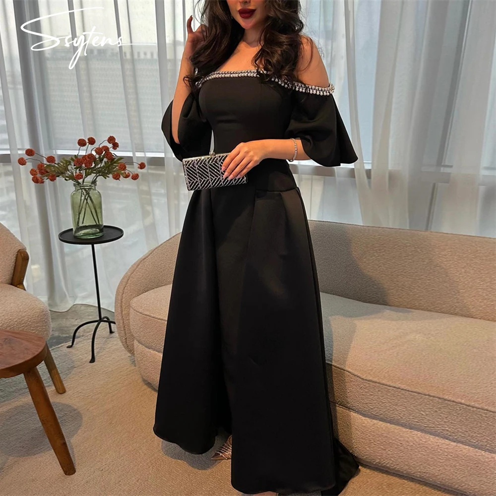 Vintage Long Black Prom Dresses Gowns Beading Off Shoulder Dubai A Line Arabic Evening Party Dress Shiny Wedding Formal Gown