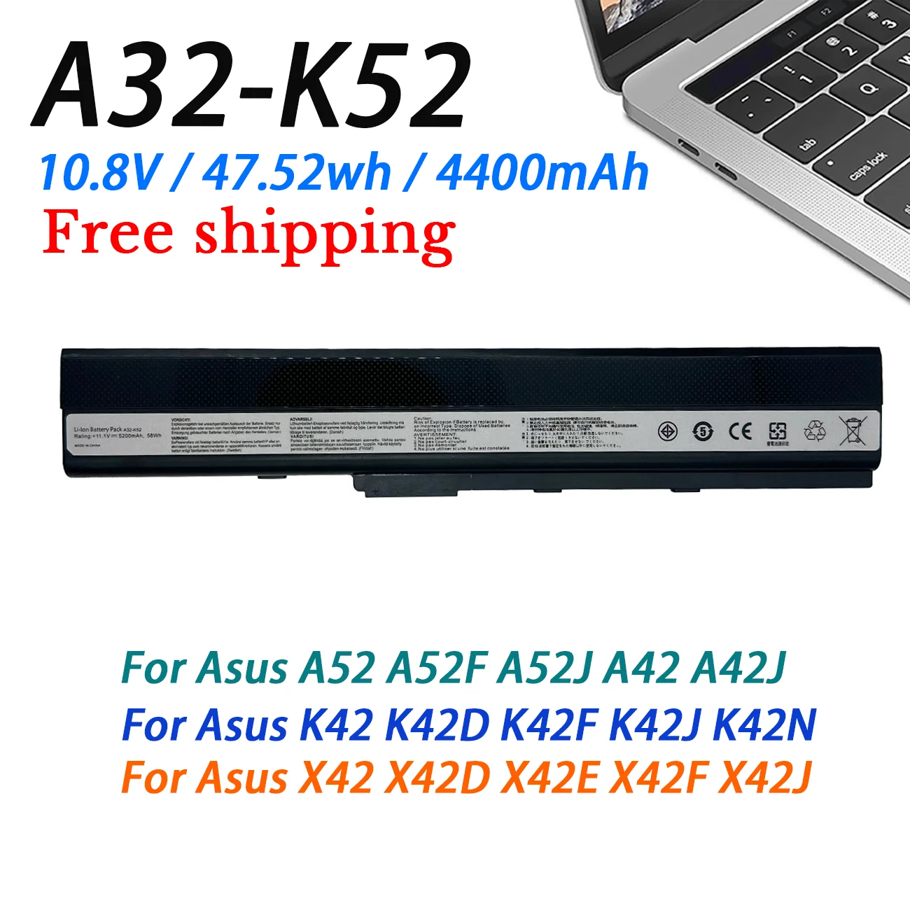 

A31-K52 Laptop Battery For Asus A41-K52 A32-K52 A42-K52 A52 A52F A52J K42 K42F K42J K52 K52J K52JC K52JE X52F X52J 47.52wh