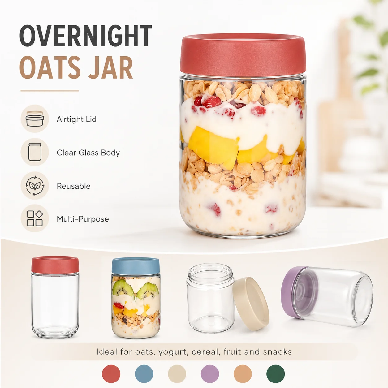 密閉蓋付きオーバーナイトオーツジャー、シリアル、ヨーグルト、 - Meal Prep Jar Salad のレビューと価格