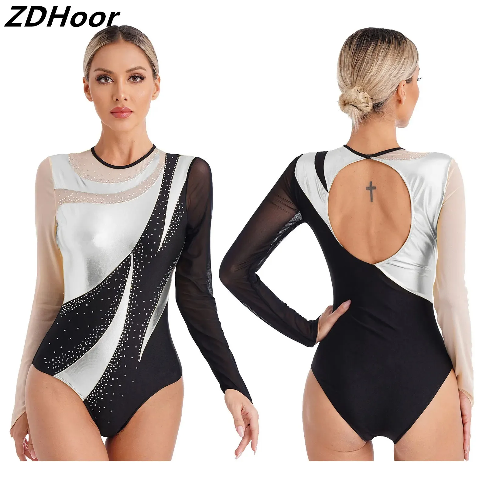

Womens Metallic Gymnastics Dance Leotard Contrast Color Patchwork Sheer Mesh Long Sleeve Cutout Back Shiny Rhinestones Bodysuit