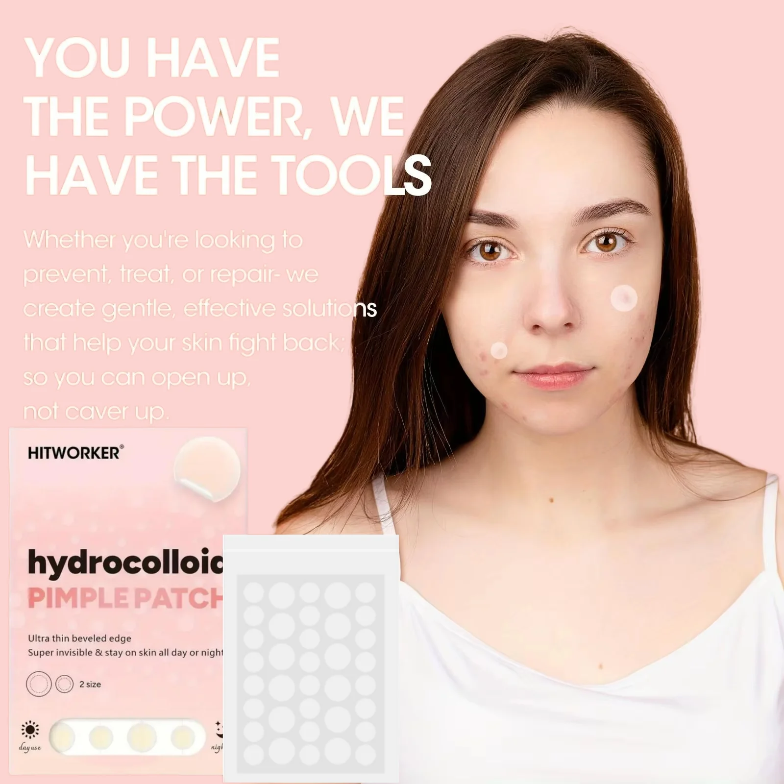 144/288 قطعة من رقع حب الشباب HITWORKER - مقاسين، مناسبة لجميع ألوان البشرة باللون البيج الفاتح للاستخدام الليلي والليلي